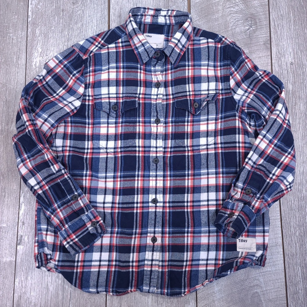 Tilley Flannel Shirt Women Large Blue Red Plaid Button Down Long Sleeve Cotton
